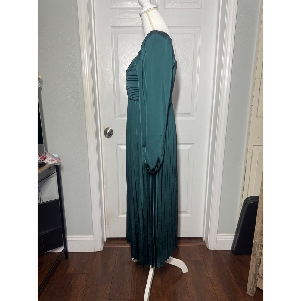 By The River Pleated Satin Midi Dress M Green Excellent Long Sleeve - Picture 3 of 6